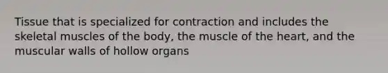 Tissue that is specialized for contraction and includes the skeletal muscles of the body, the muscle of the heart, and the muscular walls of hollow organs