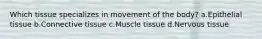 Which tissue specializes in movement of the body? a.Epithelial tissue b.Connective tissue c.Muscle tissue d.Nervous tissue