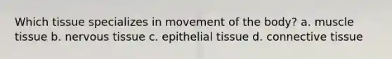 Which tissue specializes in movement of the body? a. muscle tissue b. nervous tissue c. epithelial tissue d. connective tissue