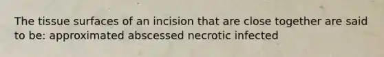 The tissue surfaces of an incision that are close together are said to be: approximated abscessed necrotic infected