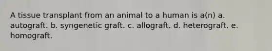 A tissue transplant from an animal to a human is a(n) a. autograft. b. syngenetic graft. c. allograft. d. heterograft. e. homograft.