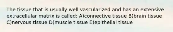 The tissue that is usually well vascularized and has an extensive extracellular matrix is called: A)connective tissue B)brain tissue C)nervous tissue D)muscle tissue E)epithelial tissue