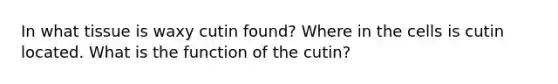 In what tissue is waxy cutin found? Where in the cells is cutin located. What is the function of the cutin?