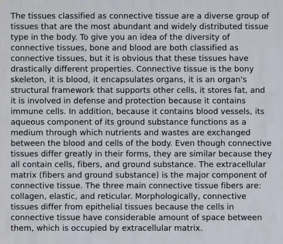 The tissues classified as connective tissue are a diverse group of tissues that are the most abundant and widely distributed tissue type in the body. To give you an idea of the diversity of connective tissues, bone and blood are both classified as connective tissues, but it is obvious that these tissues have drastically different properties. Connective tissue is the bony skeleton, it is blood, it encapsulates organs, it is an organ's structural framework that supports other cells, it stores fat, and it is involved in defense and protection because it contains immune cells. In addition, because it contains blood vessels, its aqueous component of its ground substance functions as a medium through which nutrients and wastes are exchanged between the blood and cells of the body. Even though connective tissues differ greatly in their forms, they are similar because they all contain cells, fibers, and ground substance. The extracellular matrix (fibers and ground substance) is the major component of connective tissue. The three main connective tissue fibers are: collagen, elastic, and reticular. Morphologically, connective tissues differ from epithelial tissues because the cells in connective tissue have considerable amount of space between them, which is occupied by extracellular matrix.