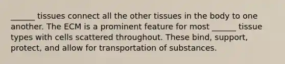 ______ tissues connect all the other tissues in the body to one another. The ECM is a prominent feature for most ______ tissue types with cells scattered throughout. These bind, support, protect, and allow for transportation of substances.