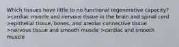 Which tissues have little to no functional regenerative capacity? >cardiac muscle and nervous tissue in the brain and spinal cord >epithelial tissue, bones, and areolar connective tissue >nervous tissue and smooth muscle >cardiac and smooth muscle