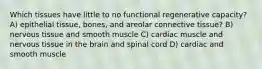 Which tissues have little to no functional regenerative capacity? A) epithelial tissue, bones, and areolar connective tissue? B) nervous tissue and smooth muscle C) cardiac muscle and nervous tissue in the brain and spinal cord D) cardiac and smooth muscle