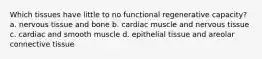 Which tissues have little to no functional regenerative capacity? a. nervous tissue and bone b. cardiac muscle and nervous tissue c. cardiac and smooth muscle d. epithelial tissue and areolar connective tissue