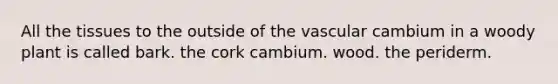 All the tissues to the outside of the vascular cambium in a woody plant is called bark. the cork cambium. wood. the periderm.