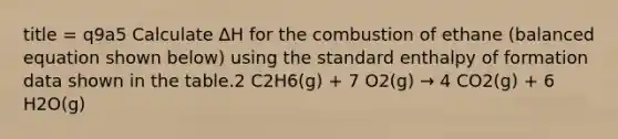 title = q9a5 Calculate ∆H for the combustion of ethane (balanced equation shown below) using the standard enthalpy of formation data shown in the table.2 C2H6(g) + 7 O2(g) → 4 CO2(g) + 6 H2O(g)