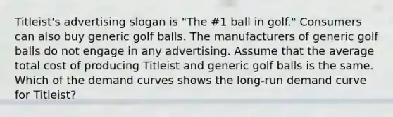 Titleist's advertising slogan is "The #1 ball in golf." Consumers can also buy generic golf balls. The manufacturers of generic golf balls do not engage in any advertising. Assume that the average total cost of producing Titleist and generic golf balls is the same. Which of the demand curves shows the long-run demand curve for Titleist?