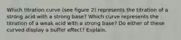 Which titration curve (see figure 2) represents the titration of a strong acid with a strong base? Which curve represents the titration of a weak acid with a strong base? Do either of these curved display a buffer effect? Explain.