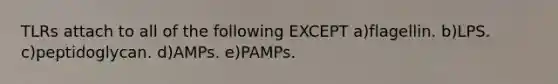 TLRs attach to all of the following EXCEPT a)flagellin. b)LPS. c)peptidoglycan. d)AMPs. e)PAMPs.