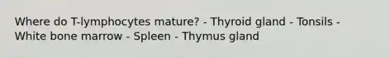 Where do T-lymphocytes mature? - Thyroid gland - Tonsils - White bone marrow - Spleen - Thymus gland