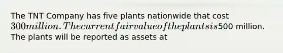 The TNT Company has five plants nationwide that cost 300 million. The current fair value of the plants is500 million. The plants will be reported as assets at