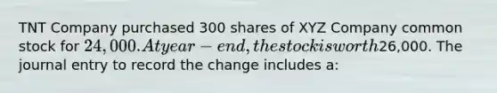 TNT Company purchased 300 shares of XYZ Company common stock for 24,000. At year-end, the stock is worth26,000. The journal entry to record the change includes a: