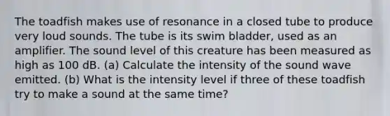 The toadfish makes use of resonance in a closed tube to produce very loud sounds. The tube is its swim bladder, used as an amplifier. The sound level of this creature has been measured as high as 100 dB. (a) Calculate the intensity of the sound wave emitted. (b) What is the intensity level if three of these toadfish try to make a sound at the same time?