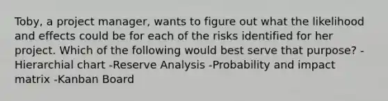 Toby, a project manager, wants to figure out what the likelihood and effects could be for each of the risks identified for her project. Which of the following would best serve that purpose? -Hierarchial chart -Reserve Analysis -Probability and impact matrix -Kanban Board