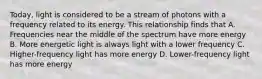 Today, light is considered to be a stream of photons with a frequency related to its energy. This relationship finds that A. Frequencies near the middle of the spectrum have more energy B. More energetic light is always light with a lower frequency C. Higher-frequency light has more energy D. Lower-frequency light has more energy