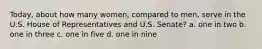 Today, about how many women, compared to men, serve in the U.S. House of Representatives and U.S. Senate? a. one in two b. one in three c. one in five d. one in nine