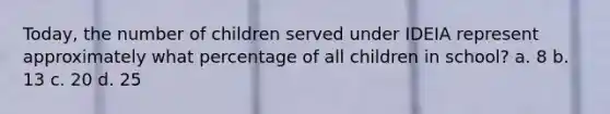 Today, the number of children served under IDEIA represent approximately what percentage of all children in school? a. 8 b. 13 c. 20 d. 25