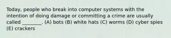 Today, people who break into computer systems with the intention of doing damage or committing a crime are usually called ________. (A) bots (B) white hats (C) worms (D) cyber spies (E) crackers