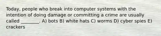 Today, people who break into computer systems with the intention of doing damage or committing a crime are usually called ________. A) bots B) white hats C) worms D) cyber spies E) crackers