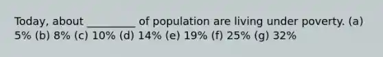 Today, about _________ of population are living under poverty. (a) 5% (b) 8% (c) 10% (d) 14% (e) 19% (f) 25% (g) 32%