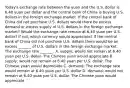 ​Today's exchange rate between the yuan and the U.S. dollar is 6.40 yuan per dollar and the central bank of China is buying U.S. dollars in the foreign exchange market. If the central bank of China did not purchase U.S. dollars would there be excess demand or excess supply of U.S. dollars in the foreign exchange​ market? Would the exchange rate remain at 6.40 yuan per U.S.​ dollar? If​ not, which currency would​ appreciate? If the central bank of China did not purchase U.S. dollars there would be an excess​ _______ of U.S. dollars in the foreign exchange market. The exchange rate​ _______. A. ​supply; would not remain at 6.40 yuan per U.S. dollar. The Chinese yuan would appreciate B. ​supply; would not remain at 6.40 yuan per U.S. dollar. The Chinese yuan would depreciate C. ​demand; The exchange rate would remain at 6.40 yuan per U.S. dollar D. ​demand; would not remain at 6.40 yuan per U.S. dollar. The Chinese yuan would appreciate