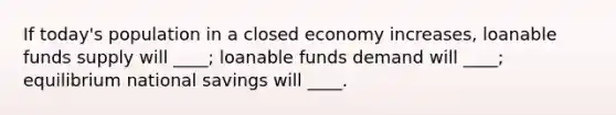 If today's population in a closed economy increases, loanable funds supply will ____; loanable funds demand will ____; equilibrium national savings will ____.