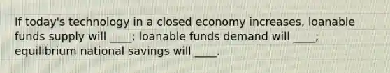 If today's technology in a closed economy increases, loanable funds supply will ____; loanable funds demand will ____; equilibrium national savings will ____.