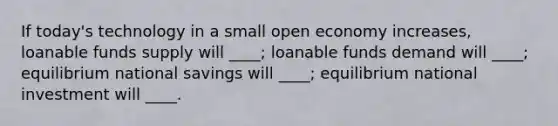 If today's technology in a small open economy increases, loanable funds supply will ____; loanable funds demand will ____; equilibrium national savings will ____; equilibrium national investment will ____.