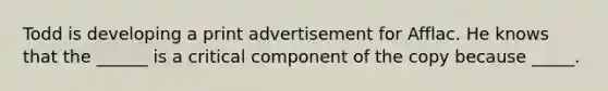 Todd is developing a print advertisement for Afflac. He knows that the ______ is a critical component of the copy because _____.