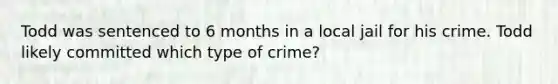 Todd was sentenced to 6 months in a local jail for his crime. Todd likely committed which type of crime?