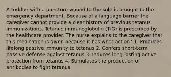 A toddler with a puncture wound to the sole is brought to the emergency department. Because of a language barrier the caregiver cannot provide a clear history of previous tetanus immunizations. Tetanus immunoglobulin (TIG) is prescribed by the healthcare provider. The nurse explains to the caregiver that this medication is given because it has what action? 1. Produces lifelong passive immunity to tetanus 2. Confers short-term passive defense against tetanus 3. Induces long-lasting active protection from tetanus 4. Stimulates the production of antibodies to fight tetanus
