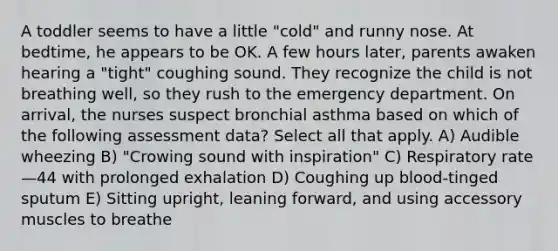 A toddler seems to have a little "cold" and runny nose. At bedtime, he appears to be OK. A few hours later, parents awaken hearing a "tight" coughing sound. They recognize the child is not breathing well, so they rush to the emergency department. On arrival, the nurses suspect bronchial asthma based on which of the following assessment data? Select all that apply. A) Audible wheezing B) "Crowing sound with inspiration" C) Respiratory rate—44 with prolonged exhalation D) Coughing up blood-tinged sputum E) Sitting upright, leaning forward, and using accessory muscles to breathe