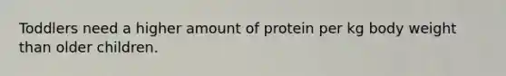 Toddlers need a higher amount of protein per kg body weight than older children.