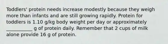 Toddlers' protein needs increase modestly because they weigh more than infants and are still growing rapidly. Protein for toddlers is 1.10 g/kg body weight per day or approximately ___________ g of protein daily. Remember that 2 cups of milk alone provide 16 g of protein.