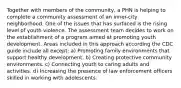 Together with members of the community, a PHN is helping to complete a community assessment of an inner-city neighborhood. One of the issues that has surfaced is the rising level of youth violence. The assessment team decides to work on the establishment of a program aimed at promoting youth development. Areas included in this approach according the CDC guide include all except: a) Promoting family environments that support healthy development. b) Creating protective community environments. c) Connecting youth to caring adults and activities. d) Increasing the presence of law enforcement officers skilled in working with adolescents.