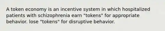 A token economy is an incentive system in which hospitalized patients with schizophrenia earn "tokens" for appropriate behavior. ​lose "tokens" for disruptive behavior.