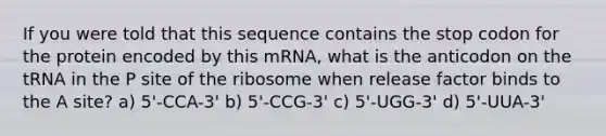 If you were told that this sequence contains the stop codon for the protein encoded by this mRNA, what is the anticodon on the tRNA in the P site of the ribosome when release factor binds to the A site? a) 5'-CCA-3' b) 5'-CCG-3' c) 5'-UGG-3' d) 5'-UUA-3'