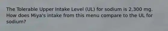 The Tolerable Upper Intake Level (UL) for sodium is 2,300 mg. How does Miya's intake from this menu compare to the UL for sodium?