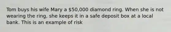 Tom buys his wife Mary a 50,000 diamond ring. When she is not wearing the ring, she keeps it in a safe deposit box at a local bank. This is an example of risk