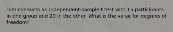 Tom conducts an independent-sample t test with 15 participants in one group and 20 in the other. What is the value for degrees of freedom?