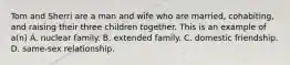 Tom and Sherri are a man and wife who are married, cohabiting, and raising their three children together. This is an example of a(n) A. nuclear family. B. extended family. C. domestic friendship. D. same-sex relationship.