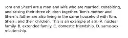Tom and Sherri are a man and wife who are married, cohabiting, and raising their three children together. Tom's mother and Sherri's father are also living in the same household with Tom, Sherri, and their children. This is an example of a(n) A. nuclear family. B. extended family. C. domestic friendship. D. same-sex relationship.