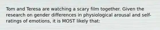 Tom and Teresa are watching a scary film together. Given the research on gender differences in physiological arousal and self-ratings of emotions, it is MOST likely that: