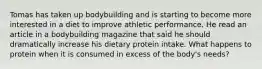 Tomas has taken up bodybuilding and is starting to become more interested in a diet to improve athletic performance. He read an article in a bodybuilding magazine that said he should dramatically increase his dietary protein intake. What happens to protein when it is consumed in excess of the body's needs?