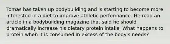 Tomas has taken up bodybuilding and is starting to become more interested in a diet to improve athletic performance. He read an article in a bodybuilding magazine that said he should dramatically increase his dietary protein intake. What happens to protein when it is consumed in excess of the body's needs?