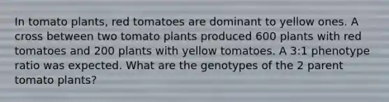 In tomato plants, red tomatoes are dominant to yellow ones. A cross between two tomato plants produced 600 plants with red tomatoes and 200 plants with yellow tomatoes. A 3:1 phenotype ratio was expected. What are the genotypes of the 2 parent tomato plants?